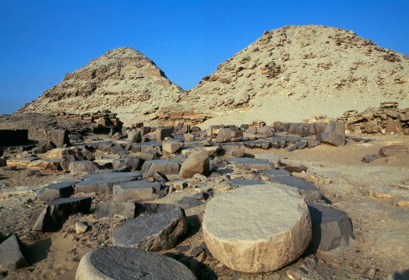 The Pyramid of Neferirkare Kakai and Nyuserre's Sun Temple, Necropolis of Abusir.  Getty Images