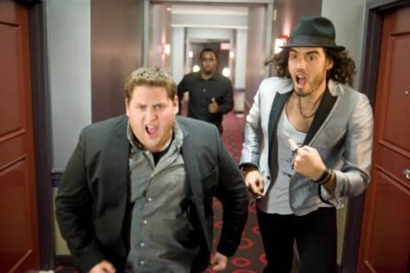 Jonah Hill as Aaron Greenberg and Russell Brand as Aldous Snow in Universal Pictures' Get Him to the Greek.