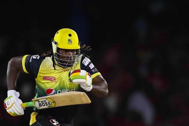 PORT OF SPAIN, TRINIDAD AND TOBAGO - SEPTEMBER 06: In this handout image provided by CPL T20, Chris Gayle of Jamaica Tallawahs runs between the wickets during the Hero Caribbean Premier League match between Trinbago Knight Riders and Jamaica Tallawahs at Queen's Park Oval on September 06, 2019 in Port of Spain, Trinidad And Tobago. (Photo by Ashley Allen/CPL T20 via Getty Images)