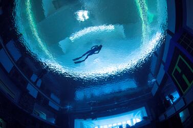 A view of a freediver rising to the pool surface at the Deep Dive Dubai, the deepest pool in the world, in Dubai, United Arab Emirates, in this handout image taken in July 2021.     Deep Dive Dubai/Jesper Kjoller/Handout via REUTERS    THIS IMAGE HAS BEEN SUPPLIED BY A THIRD PARTY.  MANDATORY CREDIT.  NO RESALES.  NO ARCHIVES