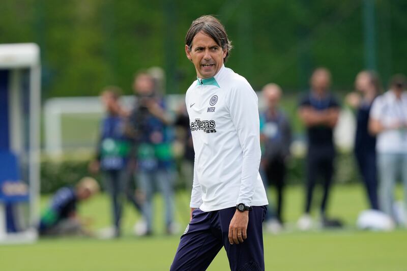 Inter Milan coach Simone Inzaghi oversees training. AP