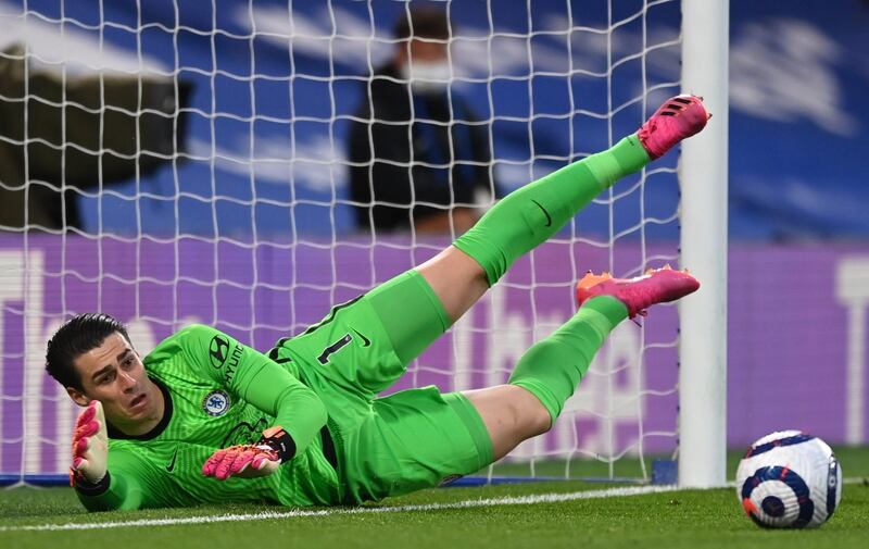 Chelsea goalkeeper Kepa Arrizabalaga makes a save. EPA