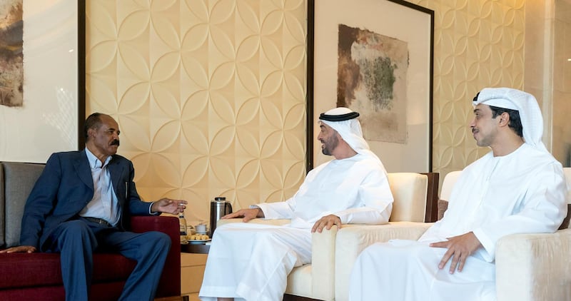 ABU DHABI, UNITED ARAB EMIRATES - September 09, 2019:(HH Sheikh Mohamed bin Zayed Al Nahyan, Crown Prince of Abu Dhabi and Deputy Supreme Commander of the UAE Armed Forces (2nd R) meets with HE Isaias Afwerki, President of Eritrea (L). Seen with HH Sheikh Mansour bin Zayed Al Nahyan, UAE Deputy Prime Minister and Minister of Presidential Affairs (R).

( Mohamed Al Hammadi / Ministry of Presidential Affairs )
---