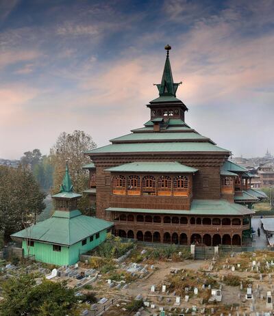 Shah Hamdan Mosque in Srinagar, Kashmir, was rebuilt in 1731. Its outer walls are made of wood  