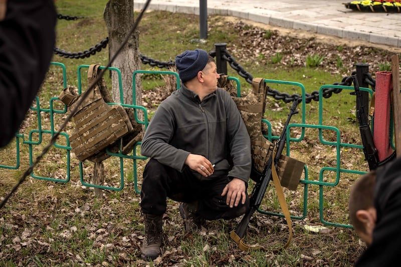 A Ukrainian guard in the eastern town of Barvinkove, during Russia's invasion of its neighbouring country. AFP