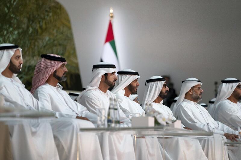 SAADIYAT ISLAND, ABU DHABI, UNITED ARAB EMIRATES - November 25, 2019: (L-R) HH Sheikh Mohamed bin Saud bin Saqr Al Qasimi, Crown Prince and Deputy Ruler of Ras Al Khaimah, HH Sheikh Ammar bin Humaid Al Nuaimi, Crown Prince of Ajman, HH Sheikh Hamdan bin Mohamed Al Maktoum, Crown Prince of Dubai, HH Sheikh Mohamed bin Zayed Al Nahyan, Crown Prince of Abu Dhabi and Deputy Supreme Commander of the UAE Armed Forces, HH Sheikh Mohamed bin Rashid Al Maktoum, Vice-President, Prime Minister of the UAE, Ruler of Dubai and Minister of Defence and HH Sheikh Sultan bin Mohamed Al Qasimi, Crown Prince of Sharjah, attend the UAE Government Annual Meeting, at the St Regis Saadiyat.

( Mohamed Al Hammadi / Ministry of Presidential Affairs )
---