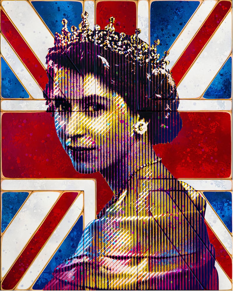A young Queen Elizabeth II against a Union flag backdrop created by musician and graffiti artist Goldie. Portraits of the queen by up to 52 urban, graffiti and contemporary artists are going on show to mark her platinum jubilee. All photos: PA