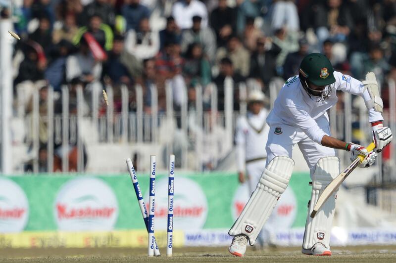 Bangladesh's Saif Hassan is bowled by Naseem Shah in Rawalpindi. AFP