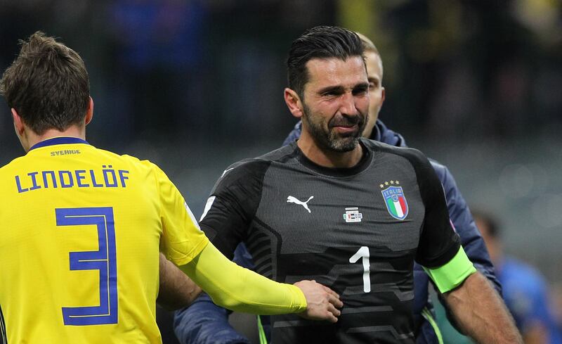 MILAN, ITALY - NOVEMBER 13:  Gianluigi Buffon of Italy cries after loosing at the end of the FIFA 2018 World Cup Qualifier Play-Off: Second Leg between Italy and Sweden at San Siro Stadium on November 13, 2017 in Milan, Sweden.  (Photo by Marco Luzzani/Getty Images)
