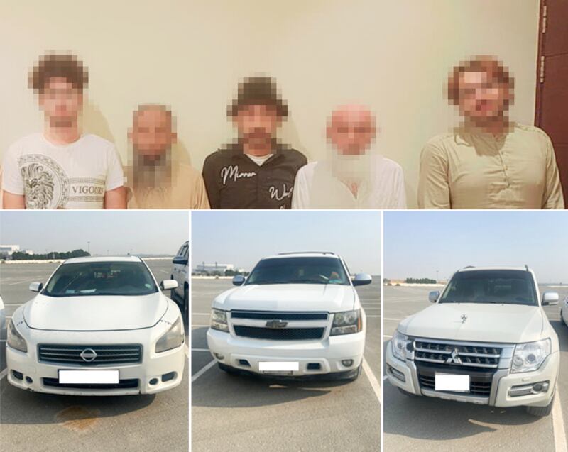 The five men were in some cases were accompanied by women and children as they attempted to elicit an emotional response from victims. Photo: Dubai Police