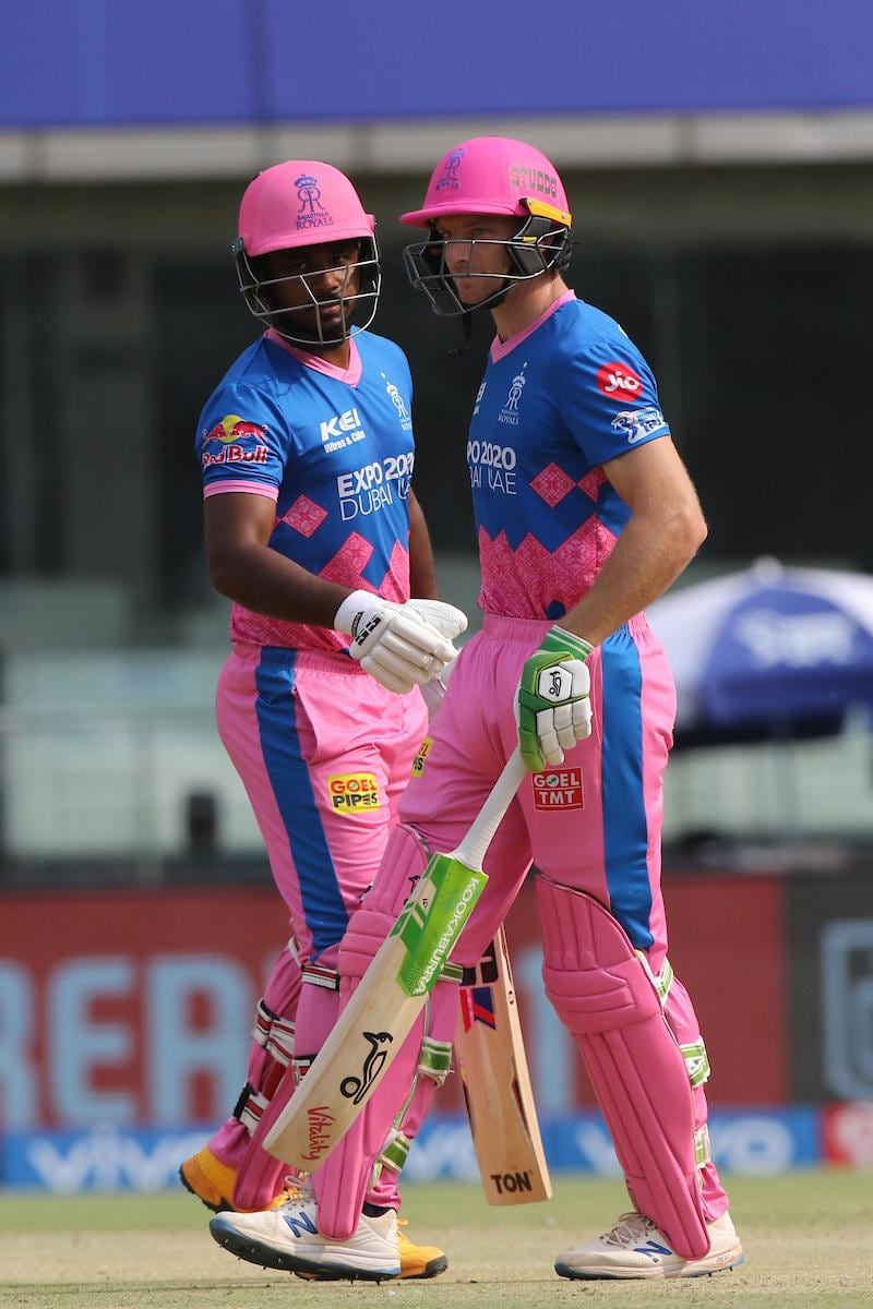 Jos Buttler of Rajasthan Royals and Sanju Samson (c) of Rajasthan Royals during match 28 of the Vivo Indian Premier League between the Rajasthan Royals and the Sunrisers Hyderabad held at the Arun Jaitley Stadium, Delhi, India on the 2nd May 2021Photo by Pankaj Nangia / Sportzpics for IPL