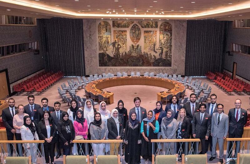 The Emirates Diplomatic Academy organised an extensive training programme for young diplomats this month, in coordination with UAE missions in Washington and the United Nations in New York City. Those taking part in the educational programme are pictured here in the chambers of the UN Security Council. Wam