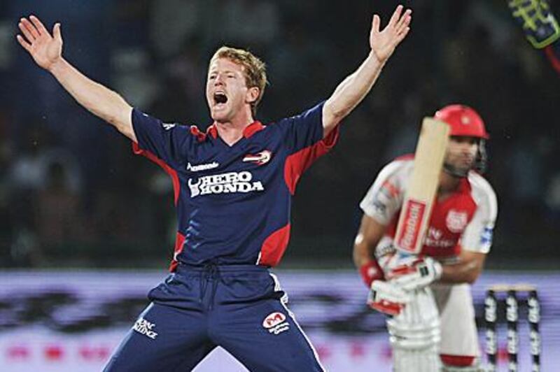 Delhi's Paul Collingwood appeals unsuccessfully for the wicket of Yuvraj Singh.