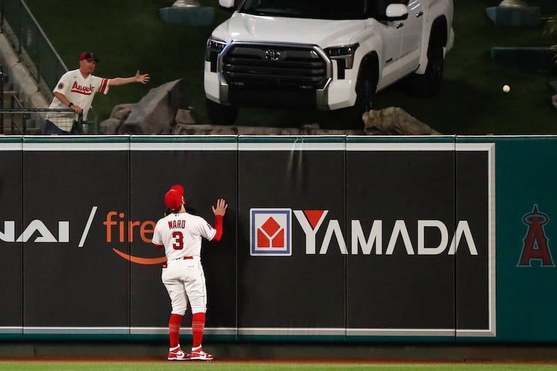 Los Angeles Angels left fielder Taylor Ward watches the ball fly after Toronto Blue Jays shortstop Bo Bichette hits a home run during the seventh inning of the Major League Baseball game at Angel Stadium of Anaheim in California, US. EPA