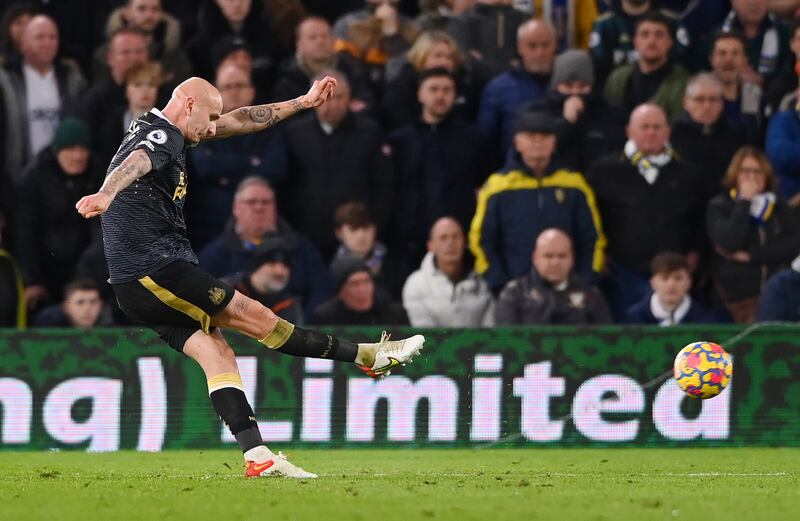 Jonjo Shelvey fires home Newcastle's winning goal from a free-kick. Getty