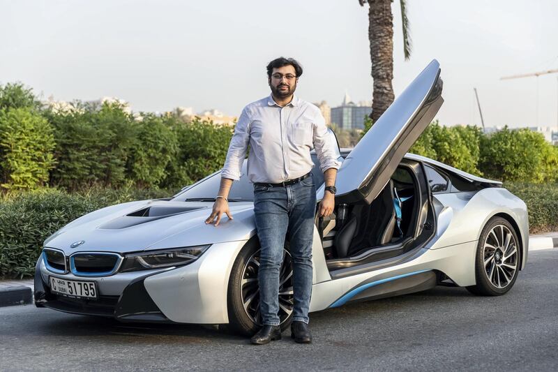 Rental car companies react to Amazon joining the car rental market in the UAE. Soham Shah, founder of Self Drive.AE photopgraphed in Silicon Oasis with one of his rental cars on June 7th, 2021. 
Antonie Robertson / The National.
Reporter: Patrick Ryan for National