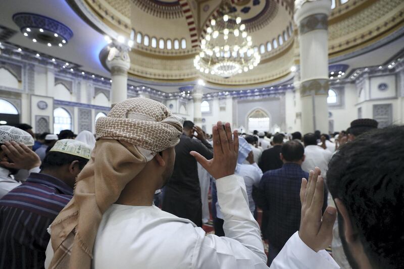 Dubai, United Arab Emirates - August 11, 2019: Early morning Eid prayers take place at Al Farooq Omar Bin Al Khattab Mosque. Sunday the 11th of August 2019. Al Farooq Omar Bin Al Khattab Mosque, Dubai. Chris Whiteoak / The National