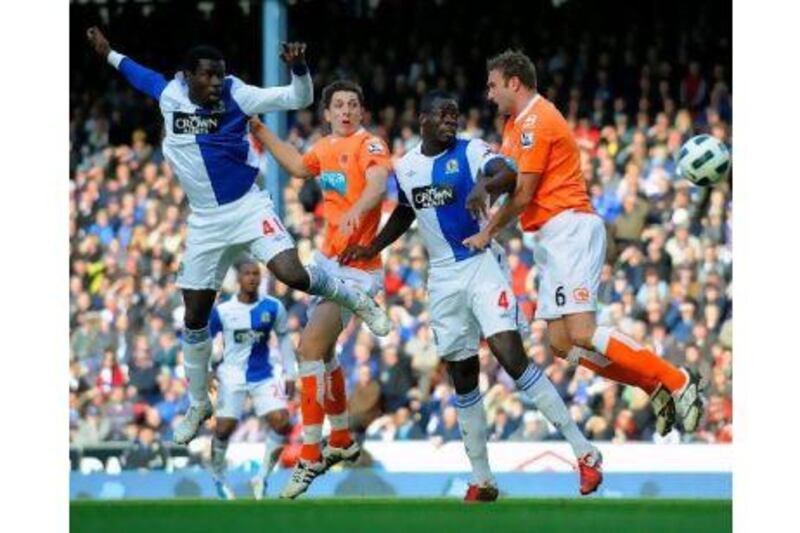 Blackburn's Mame Biram Diouf, left, heads the ball toward the Blackpool goal. Michael Regan / Getty Images