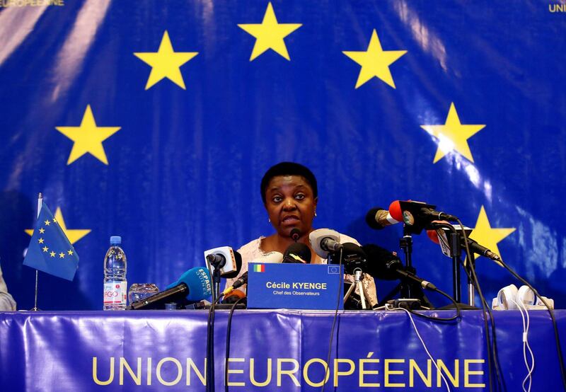 The head of the EU observer mission, Cecile Kyenge, speaks during a news conference in Bamako, Mali August 14, 2018. REUTERS/Luc Gnago
