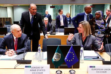 Arab League secretary-general Ahmed Abul Gheit and EU foreign policy chief Federica Mogherini at a joint meeting in Brussels. REUTERS