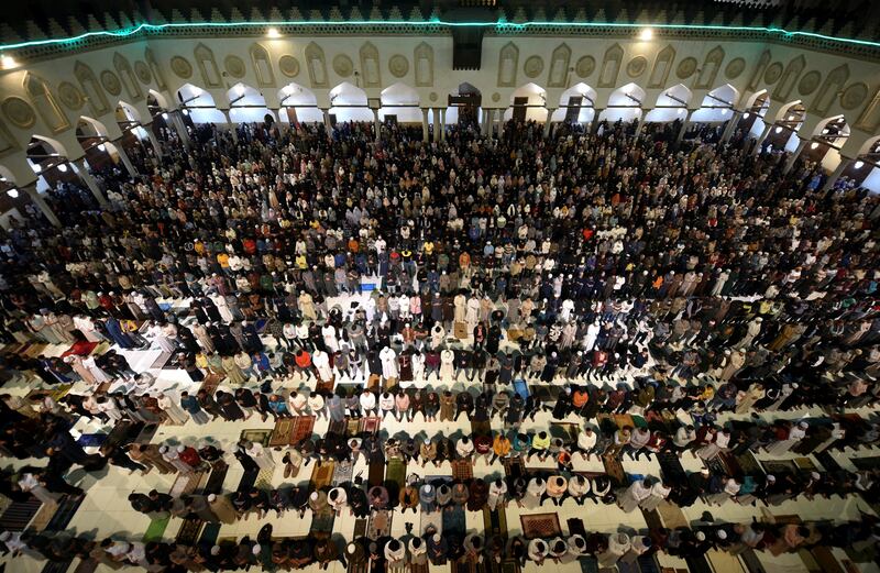 Worshippers perform  taraweeh evening prayers at Al Azhar Mosque, in Cairo. Reuters