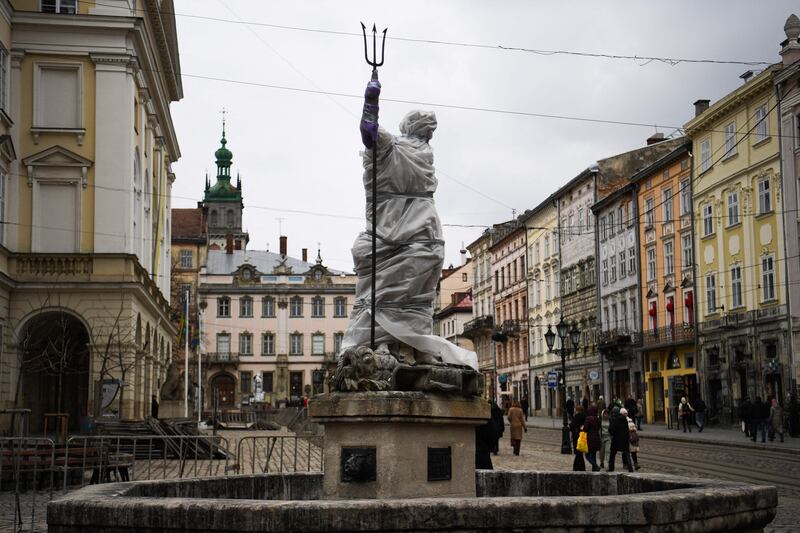 A statue wrapped up for protection in the Ukrainian city of Lviv. AFP