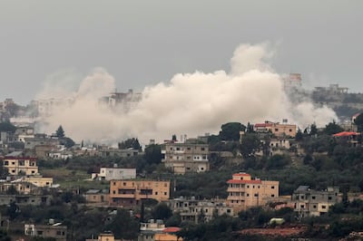 Smoke rises from Israeli artillery shelling on Aita Al Shaab in south Lebanon. AP 