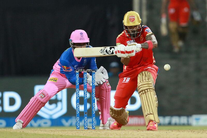 `KL Rahul captain of Punjab Kings plays a shot  during match 4 of the Vivo Indian Premier League 2021 between Rajasthan Royals and the Punjab Kings held at the Wankhede Stadium Mumbai on the 12th April 2021.

Photo by Rahul Gulati/ Sportzpics for IPL