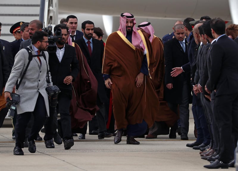 Saudi Arabia's Crown Prince Mohammed bin Salman makes his way to his car upon arriving at Torrejon's military airbase in Torrejon de Ardoz, outside Madrid, Spain, April 11, 2018. REUTERS/Sergio Perez