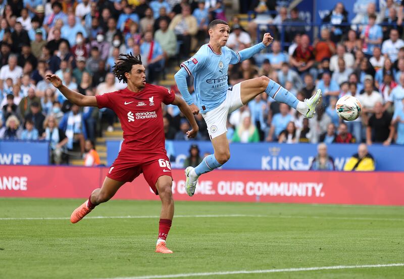 Phil Foden of Manchester City battles with Trent Alexander-Arnold of Liverpool  during the FA Community Shield at The King Power Stadium in Leicester on July 30, 2022. Getty