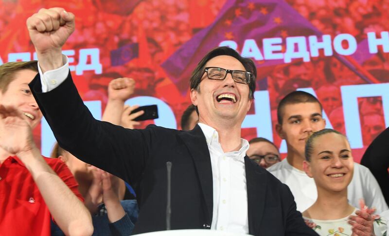 epaselect epa07549908  Stevo Pendarovski (C), the candidate of the ruling Social Democratic Union of Macedonia (SDSM) celebrates with supporters after declaring election victory in Skopje, North Macedonia, 05 May 2019. More than 1.8 million voters were leigible to choose between two candidates for the President of North Macedonia in the second round of elections.  EPA/GEORGI LICOVSKI