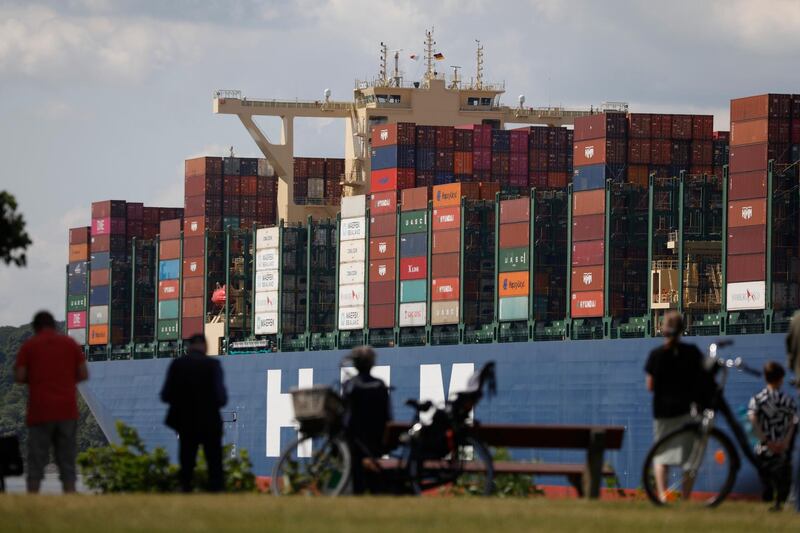 The HMM Algeciras, currently the world's largest container ship, departs from Hamburg Port during the novel coronavirus pandemic on June 10, 2020 in Hamburg, Germany. Getty Images