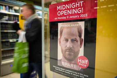 A display for Prince Harry's memoir Spare in a shop window in London. It goes on sale on January 10. Getty