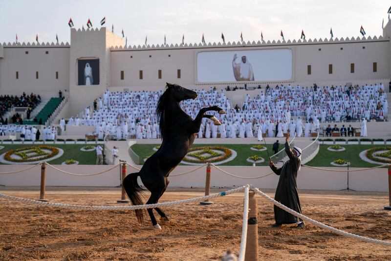 AL WATHBA, ABU DHABI, UNITED ARAB EMIRATES - December 03, 2019: Horsemen participate in the Union March during the Sheikh Zayed Heritage Festival. 

( Hamad Al Mansoori for the Ministry of Presidential Affairs )
---