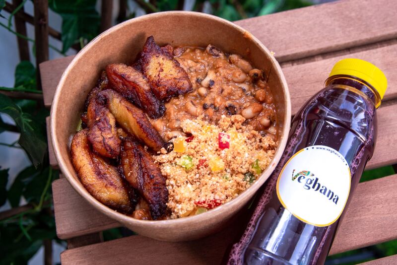 Plantain and beans with gari foto from Veghana, a restaurant selling West African vegan cuisine in Dubai. All photos: Victor Besa / The National