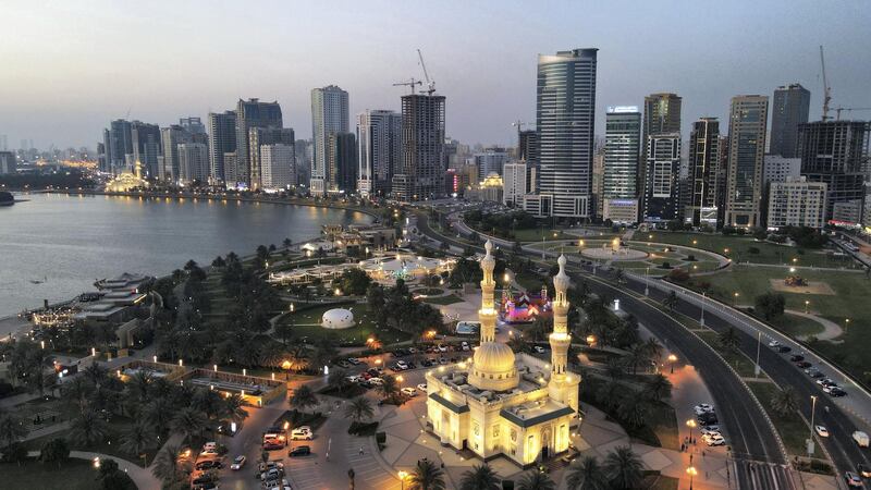 View of the Al Taqwa Mosque at the Buhaira Corniche during the evening in Sharjah on May 10,2021. Pawan Singh / The National