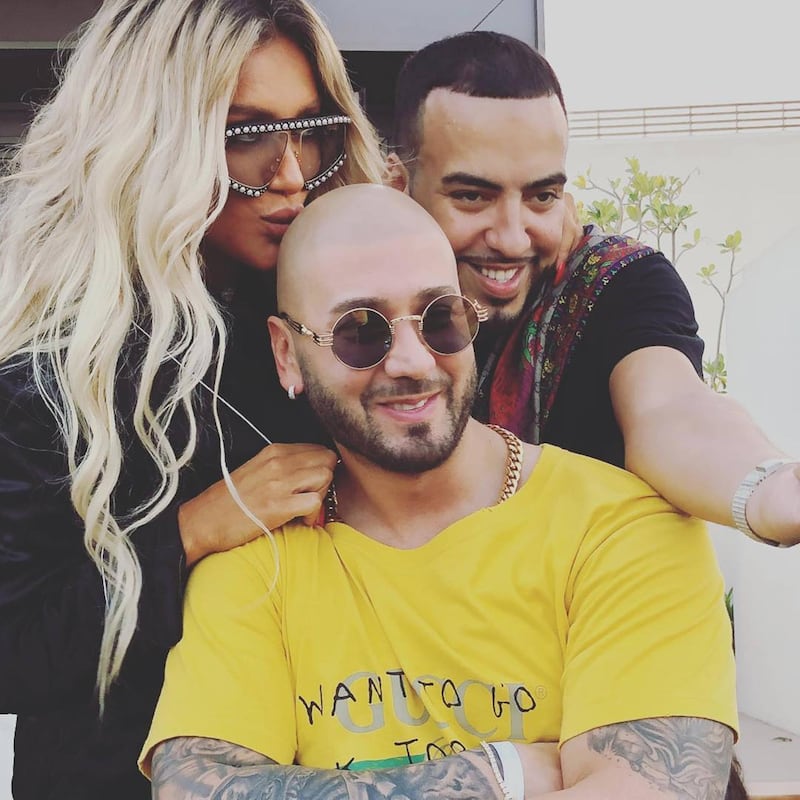 French Montana (right) has teamed up with Lebanese pop singer and TV personality Maya Diab (left) and Lebanese Canadian R&B/pop singer Massari (centre) to remake Amr Diab's 1996 hit song Nour El Ein. Photo / Supplied 