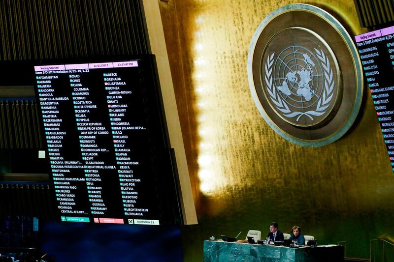 The results of the vote on Jerusalem are seen on display boards at the General Assembly hall, on December 21, 2017, at UN Headquarters in New York.
UN member-states were poised Thursday to vote on a motion rejecting US recognition of Jerusalem as Israel's capital, after President Donald Trump threatened to cut funding to countries that back the measure.  / AFP PHOTO / EDUARDO MUNOZ ALVAREZ