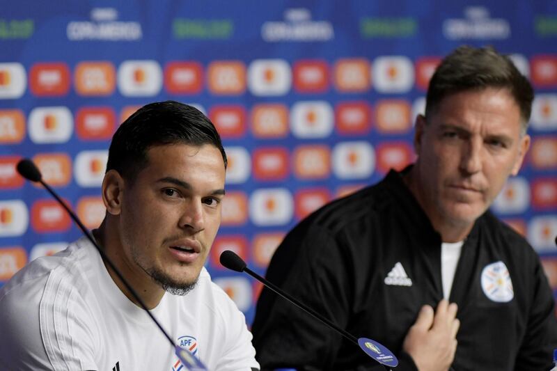 Paraguay's Gustavo Gomez and coach Eduardo Berizzo during press conference. Reuters
