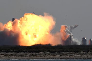 The SpaceX Starship SN9 explodes into a fireball after its high altitude test flight from test facilities in Boca Chica, Texas, U.S. February 2, 2021. Reuters