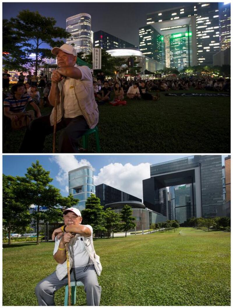 Top, "Uncle" Wong, 90, attends a rally to demand greater democracy in Hong Kong on September 24, 2014, and bottom, Mr Wong at the same location on September 23, 2015. He said: "I have taken part in pro-democracy protests since the 1980s. If I'm too old to walk and attend the next major one, I hope someone would carry me there." Reuters