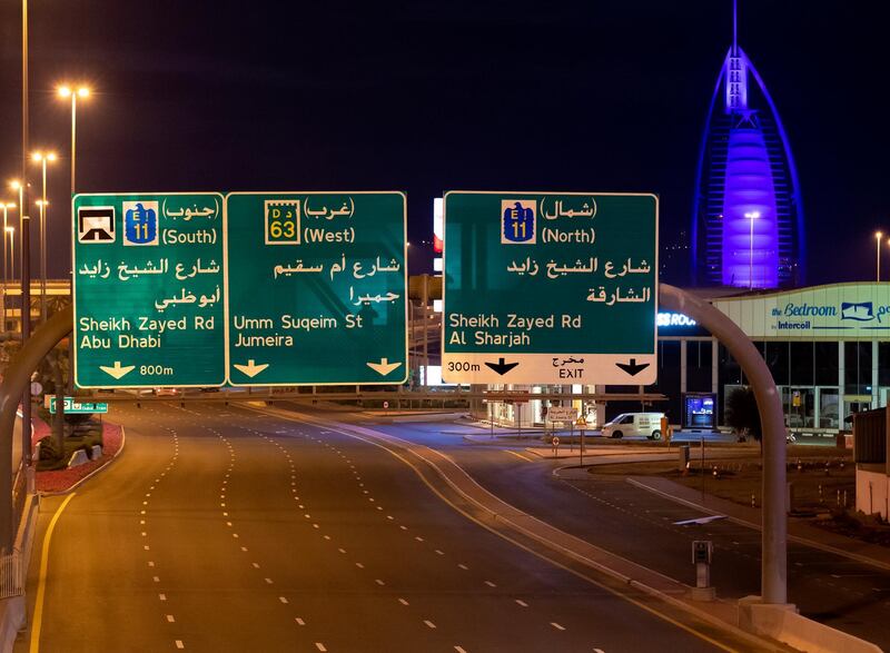 Dubai, United Arab Emirates - Reporter: N/A: A very quite Umm Suqeim road just before the public restrictions starting at 8pm. Thursday, March 26th, 2020. Dubai. Chris Whiteoak / The National
