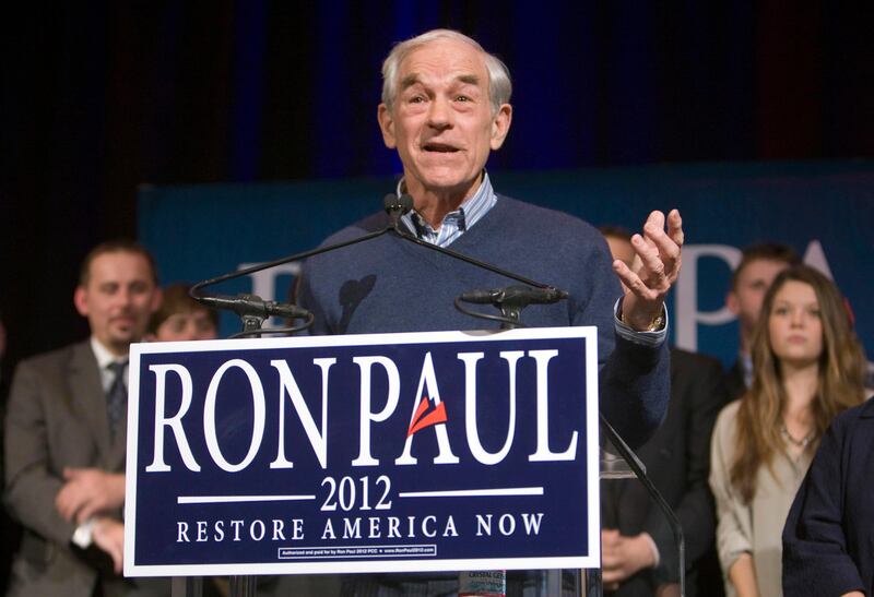 U.S. Republican presidential candidate Representative Ron Paul (R-TX) speaks during a rally at the Green Valley Ranch Station Casino in Henderson, Nevada January 31, 2012. REUTERS/Steve Marcus (UNITED STATES - Tags: POLITICS ELECTIONS) *** Local Caption ***  LAV19_USA-CAMPAIGN-_0201_11.JPG