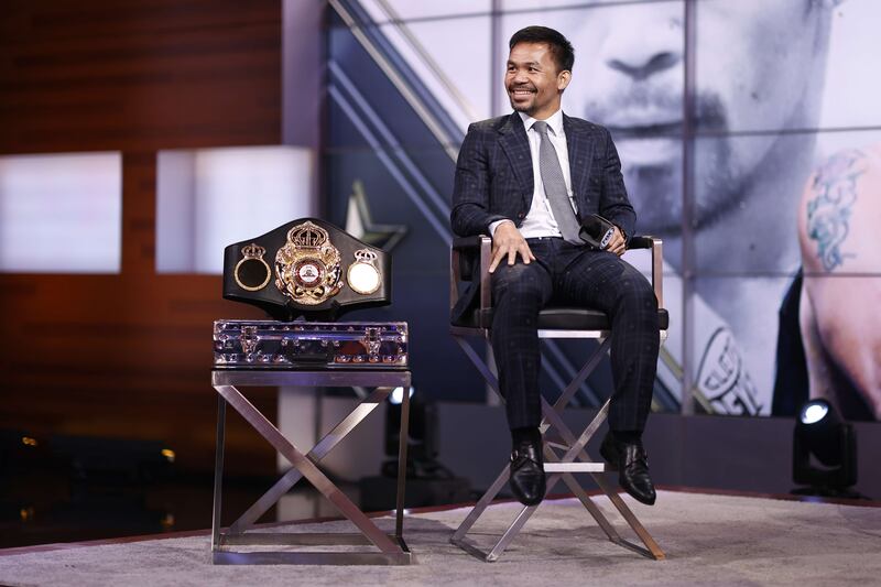 Manny Pacquiao during a press conference with Errol Spence Jr at Fox Studios in Los Angeles, California.