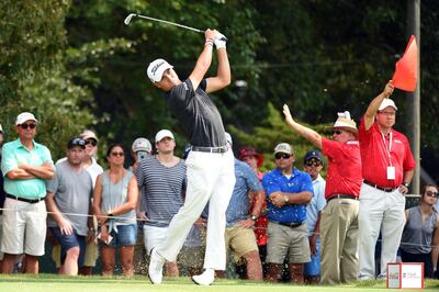 Sep 22, 2018; Atlanta, GA, USA;  Justin Thomas plays his shot from the third tee during the third round of the Tour Championship golf tournament at East Lake Golf Club. Mandatory Credit: John David Mercer-USA TODAY Sports