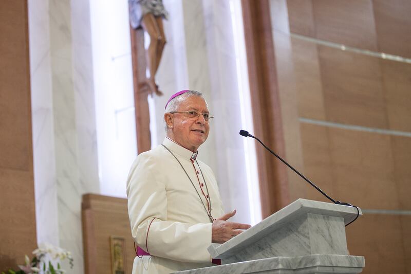 Abu Dhabi, United Arab Emirates. June 11, 2015///

HE Bishop Paul Hinder OFM Cap. The Inauguration and blessing of St. Paul's Church, wit HH Sheikh Nahyan bin Mubarak Al Nahyan, UAE Minister for Youth, Culture and Community Development. Abu Dhabi, United Arab Emirates. Mona Al Marzooqi/ The National 

Reporter: Ramona Ruiz 
Section: National   *** Local Caption ***  150611-MM-StPaulChurch-007.JPG