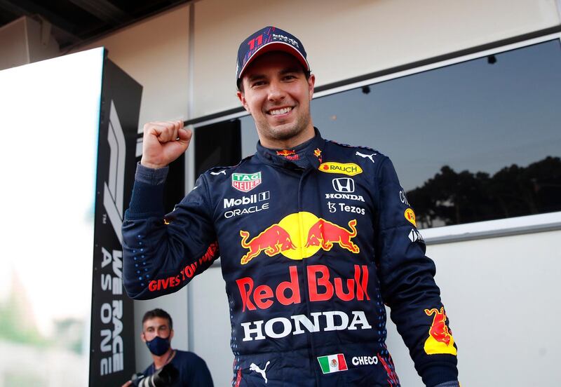 Red Bull's Sergio Perez celebrates after winning in Baku. Reuters