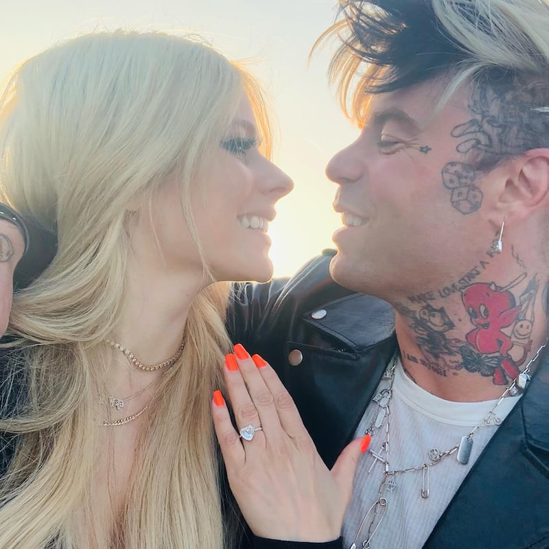 A closer look at Avril Lavigne's heart-shaped white engagement ring, given to her by Mod Sun. Photo: Instagram / Avril Lavigne