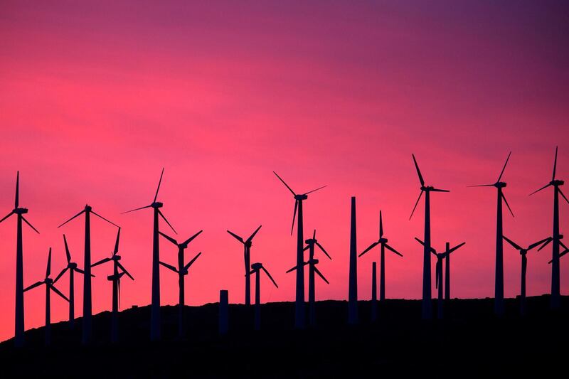 (FILES) In this file photo taken on April 22, 2016 Electric energy generating wind turbines are seen on a wind farm in the San Gorgonio Pass area on Earth Day near Palm Springs, California.  Wind turbines, designed as an alternative to fossil fuels, still contribute to climate change due to the way they redistribute heat and moisture in the atmosphere, according to a study published October 4, 2018.Researchers from Harvard University found that powering the entire United States with wind energy would cause a 0.54 degree Celsius ground temperature rise in the area where the turbines were located, and a 0.24C increase across the continental United States.
 / AFP / David McNew
