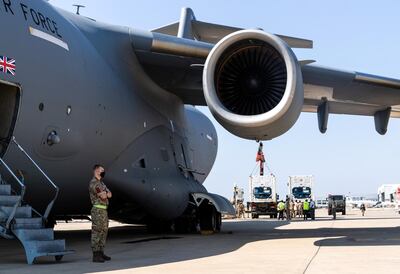 epa08606705 A handout photo made available by the Royal Air Force of a Royal Air Force C-17 aircraft, at Beirut International Airport, Lebanon, 15 August 2020 (made available 16 August 2020).Following the UK?s continued support to disaster relief operations in Beirut, an RAF C-17 carrying cold storage containers departed Brize Norton and arrived in Beirut on Saturday. The cold storage containers, which can be used to store medical supplies, have been provided to the Lebanese Armed Forces who are facilitating the disaster relief response.  EPA-EFE/Cpl Will Drummee RAF HANDOUT CROWN COPYRIGHT HANDOUT EDITORIAL USE ONLY/NO SALES *** Local Caption *** 56277645